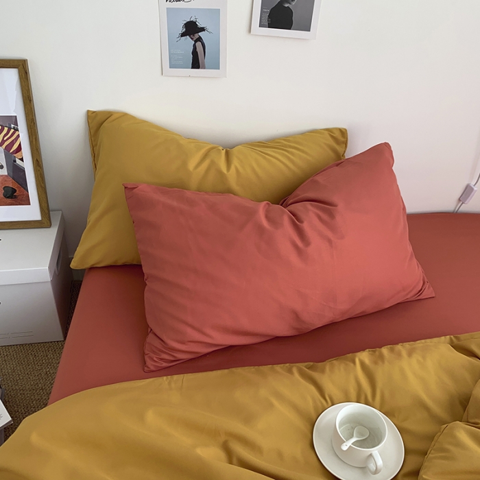 91家纺网 家纺一手货源 找家纺 曼谷新款ins美棉磨毛纯色混搭拼色四件套 杏黄甜橙
