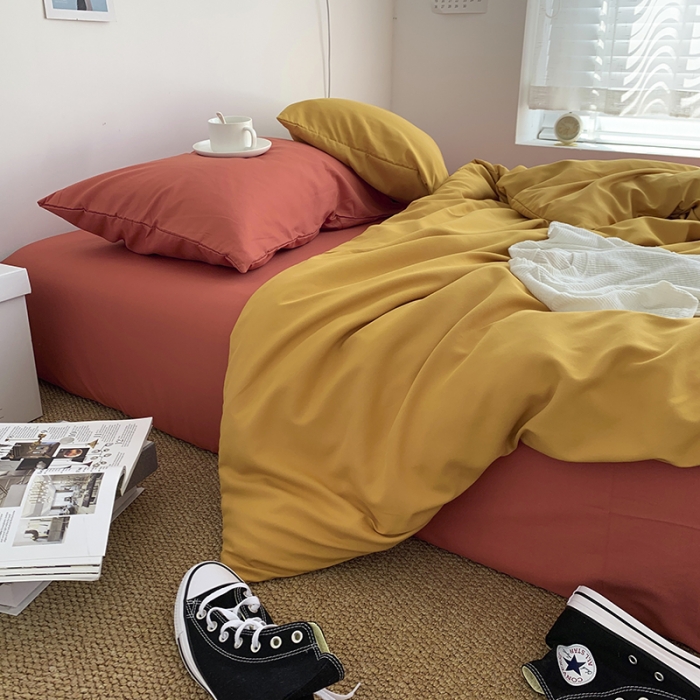91家纺网 家纺一手货源 找家纺 曼谷新款ins美棉磨毛纯色混搭拼色四件套 杏黄甜橙