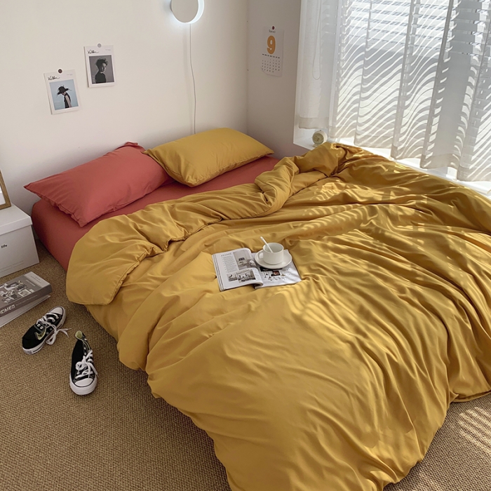 91家纺网 家纺一手货源 找家纺 曼谷新款ins美棉磨毛纯色混搭拼色四件套 杏黄甜橙