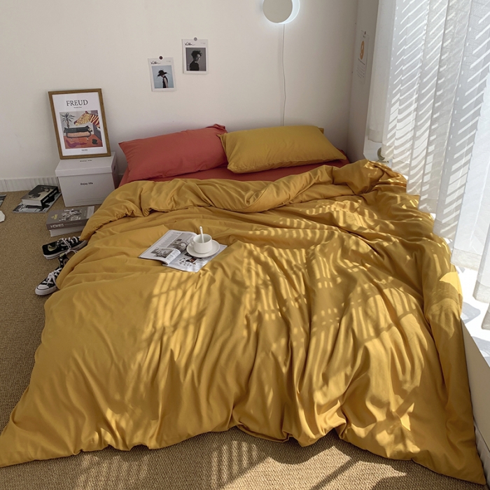 91家纺网 家纺一手货源 找家纺 曼谷新款ins美棉磨毛纯色混搭拼色四件套 杏黄甜橙