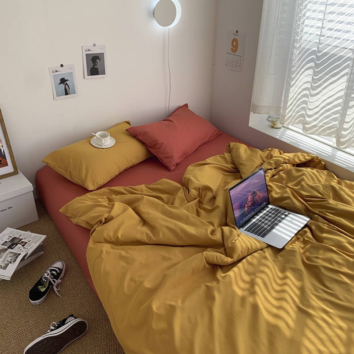 91家纺网 家纺一手货源 找家纺 曼谷新款ins美棉磨毛纯色混搭拼色四件套 杏黄甜橙