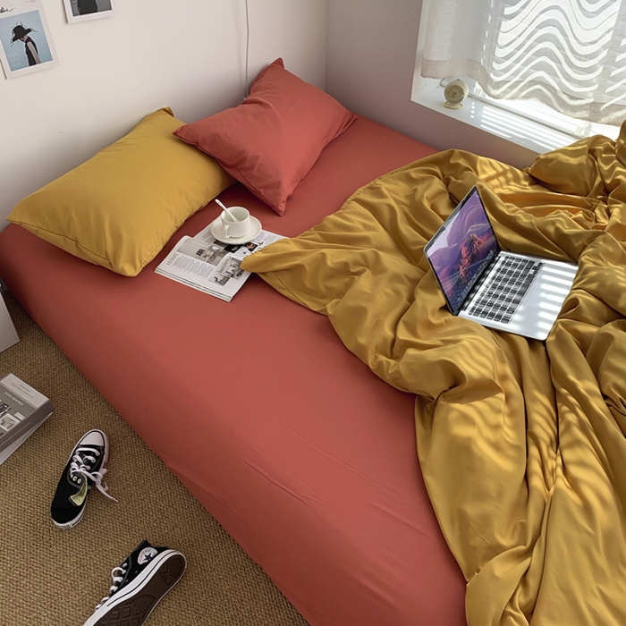 91家纺网 家纺一手货源 找家纺 曼谷新款ins美棉磨毛纯色混搭拼色四件套 杏黄甜橙