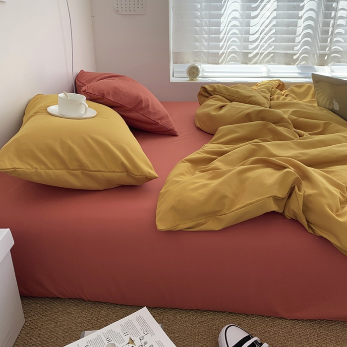 91家纺网 家纺一手货源 找家纺 曼谷新款ins美棉磨毛纯色混搭拼色四件套 杏黄甜橙