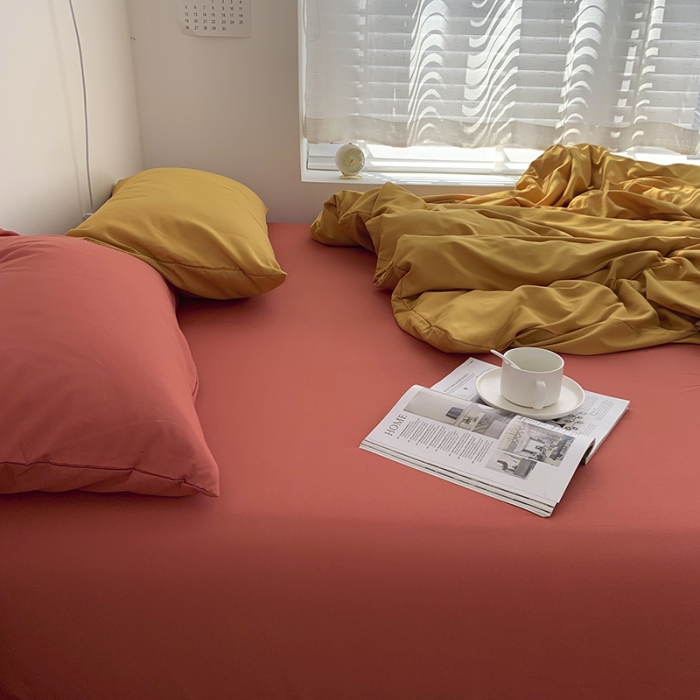 91家纺网 家纺一手货源 找家纺 曼谷新款ins美棉磨毛纯色混搭拼色四件套 杏黄甜橙