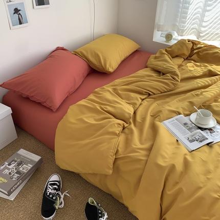 91家纺网 家纺一手货源 找家纺 曼谷新款ins美棉磨毛纯色混搭拼色四件套 杏黄甜橙