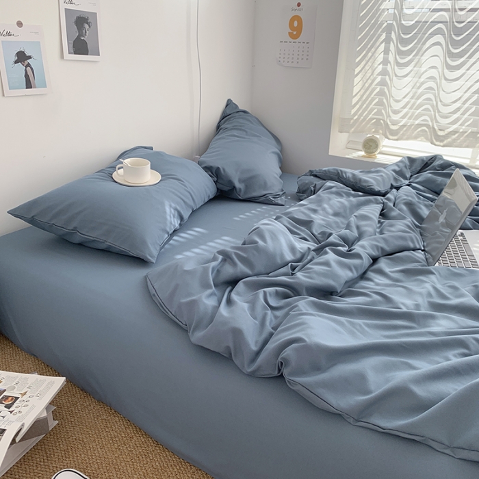 91家纺网 家纺一手货源 找家纺 曼谷新款ins美棉磨毛纯色混搭拼色四件套 浅石蓝