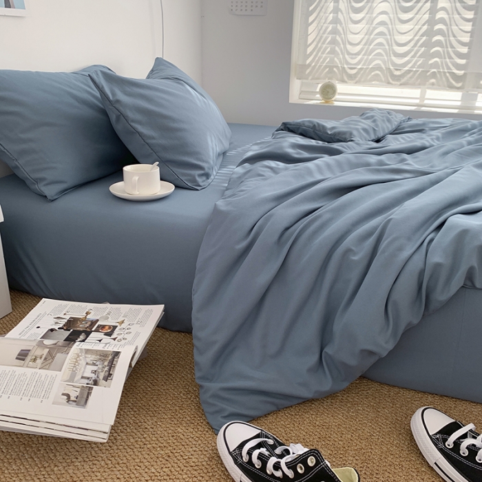 91家纺网 家纺一手货源 找家纺 曼谷新款ins美棉磨毛纯色混搭拼色四件套 浅石蓝