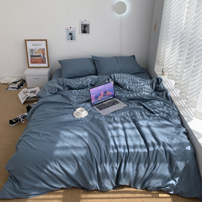 91家纺网 家纺一手货源 找家纺 曼谷新款ins美棉磨毛纯色混搭拼色四件套 浅石蓝