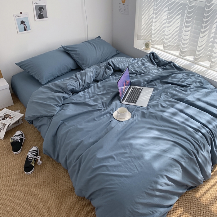 91家纺网 家纺一手货源 找家纺 曼谷新款ins美棉磨毛纯色混搭拼色四件套 浅石蓝