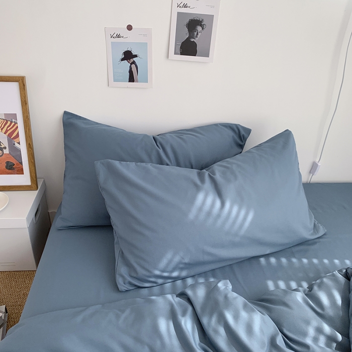 91家纺网 家纺一手货源 找家纺 曼谷新款ins美棉磨毛纯色混搭拼色四件套 浅石蓝