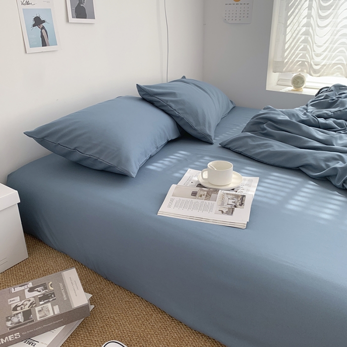 91家纺网 家纺一手货源 找家纺 曼谷新款ins美棉磨毛纯色混搭拼色四件套 浅石蓝