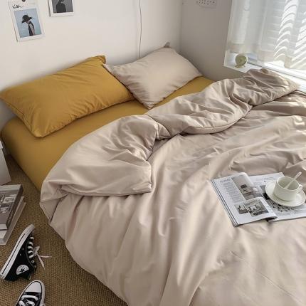 91家纺网 家纺一手货源 找家纺 曼谷新款ins美棉磨毛纯色混搭拼色四件套 奶茶杏黄