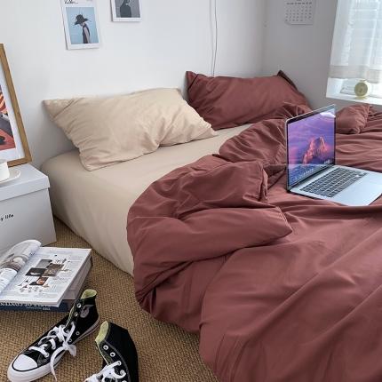 91家纺网 家纺一手货源 找家纺 曼谷新款ins美棉磨毛纯色混搭拼色四件套 焦糖奶茶