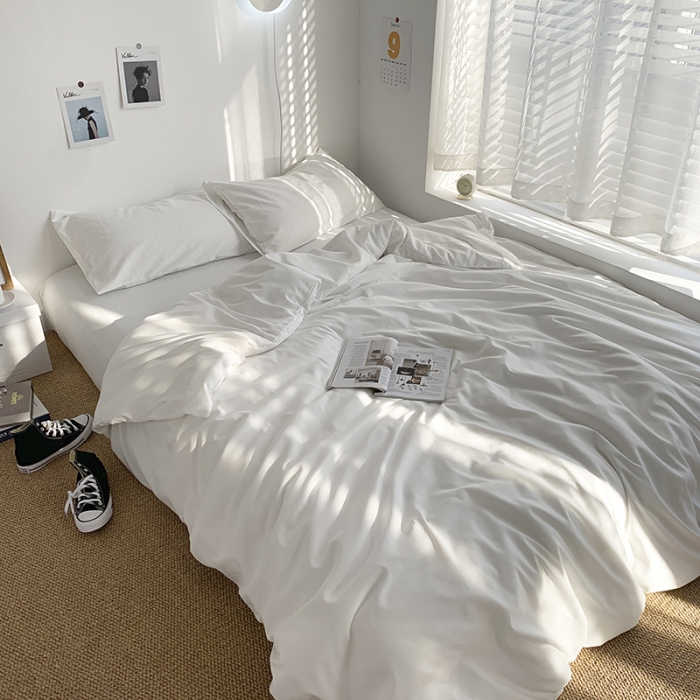 91家纺网 家纺一手货源 找家纺 曼谷新款ins美棉磨毛纯色混搭拼色四件套 椰奶