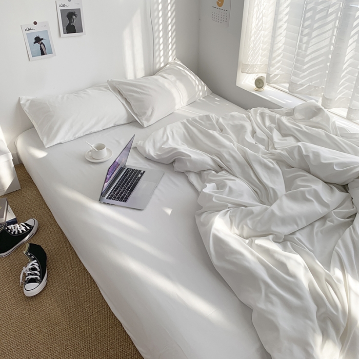 91家纺网 家纺一手货源 找家纺 曼谷新款ins美棉磨毛纯色混搭拼色四件套 椰奶