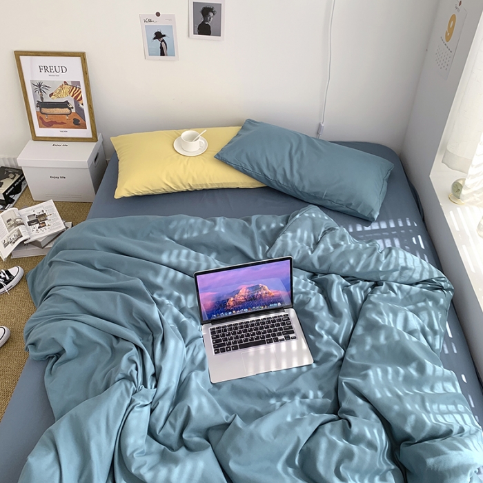 91家纺网 家纺一手货源 找家纺 曼谷新款ins美棉磨毛纯色混搭拼色四件套 月影兰浅石蓝+布丁