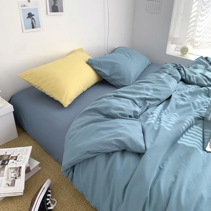 曼谷新款ins美棉磨毛纯色混搭拼色四件套 月影兰浅石蓝+布丁