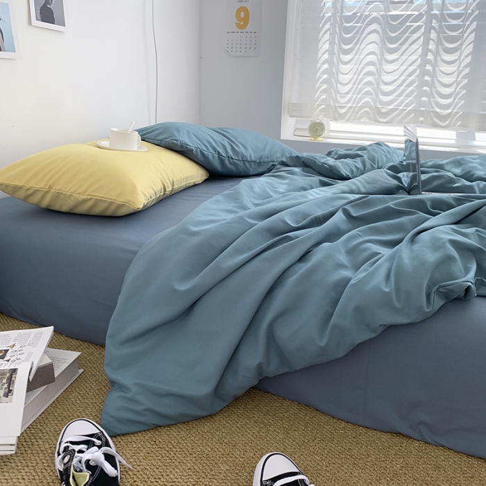 91家纺网 家纺一手货源 找家纺 曼谷新款ins美棉磨毛纯色混搭拼色四件套 月影兰浅石蓝+布丁