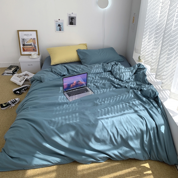 91家纺网 家纺一手货源 找家纺 曼谷新款ins美棉磨毛纯色混搭拼色四件套 月影兰浅石蓝+布丁