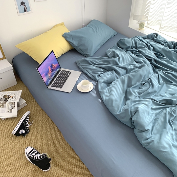 91家纺网 家纺一手货源 找家纺 曼谷新款ins美棉磨毛纯色混搭拼色四件套 月影兰浅石蓝+布丁