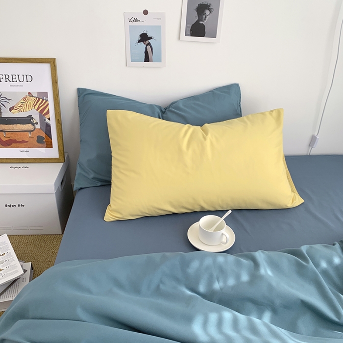 91家纺网 家纺一手货源 找家纺 曼谷新款ins美棉磨毛纯色混搭拼色四件套 月影兰浅石蓝+布丁