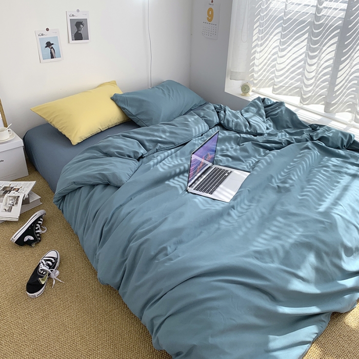 91家纺网 家纺一手货源 找家纺 曼谷新款ins美棉磨毛纯色混搭拼色四件套 月影兰浅石蓝+布丁