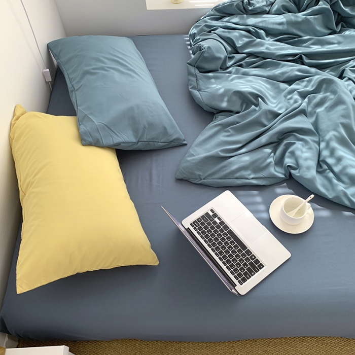 91家纺网 家纺一手货源 找家纺 曼谷新款ins美棉磨毛纯色混搭拼色四件套 月影兰浅石蓝+布丁