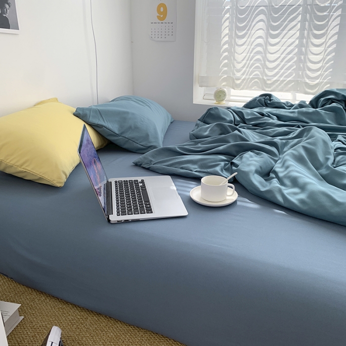 91家纺网 家纺一手货源 找家纺 曼谷新款ins美棉磨毛纯色混搭拼色四件套 月影兰浅石蓝+布丁