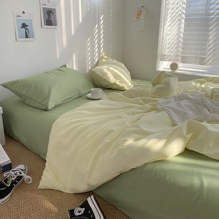 91家纺网 家纺一手货源 找家纺 曼谷新款ins美棉磨毛纯色混搭拼色四件套 芝士豆绿