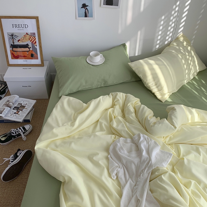 91家纺网 家纺一手货源 找家纺 曼谷新款ins美棉磨毛纯色混搭拼色四件套 芝士豆绿