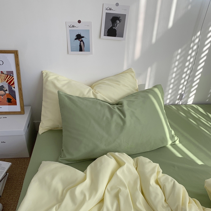 91家纺网 家纺一手货源 找家纺 曼谷新款ins美棉磨毛纯色混搭拼色四件套 芝士豆绿