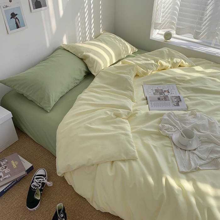 91家纺网 家纺一手货源 找家纺 曼谷新款ins美棉磨毛纯色混搭拼色四件套 芝士豆绿