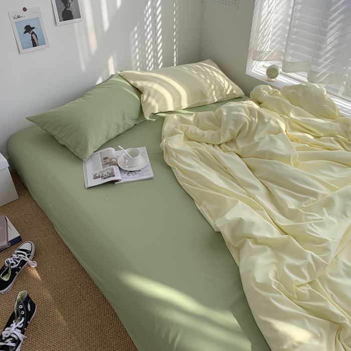 91家纺网 家纺一手货源 找家纺 曼谷新款ins美棉磨毛纯色混搭拼色四件套 芝士豆绿