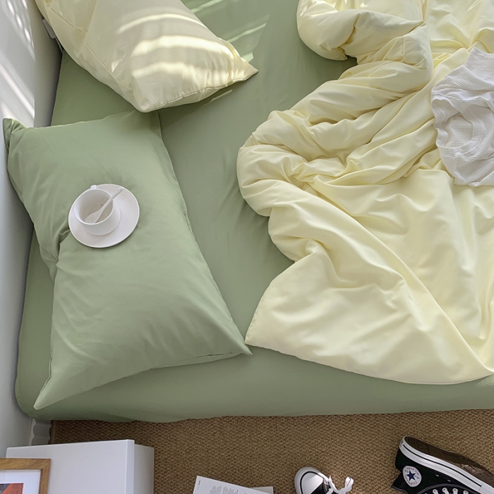 91家纺网 家纺一手货源 找家纺 曼谷新款ins美棉磨毛纯色混搭拼色四件套 芝士豆绿