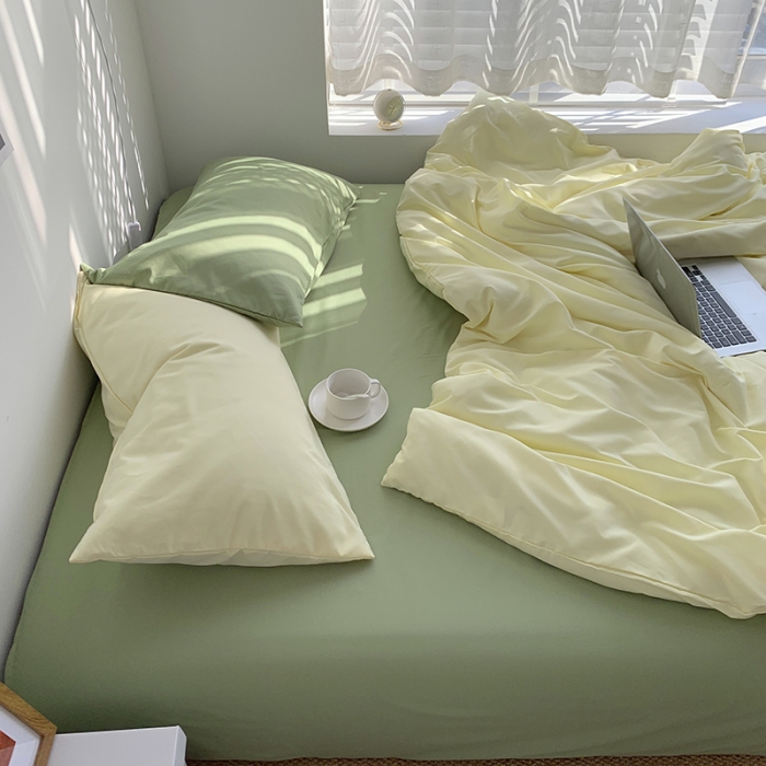 91家纺网 家纺一手货源 找家纺 曼谷新款ins美棉磨毛纯色混搭拼色四件套 芝士豆绿