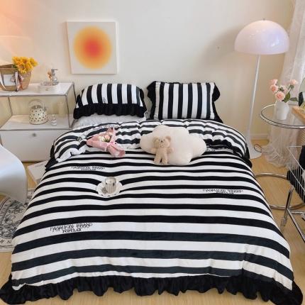 91家纺网 家纺一手货源 找家纺 顾里家纺 2021新款韩系大花边牛奶绒四件套 时尚条纹