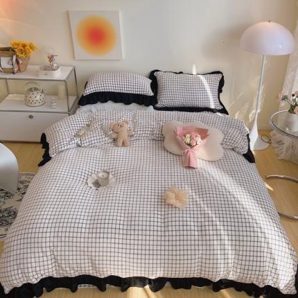 91家纺网 家纺一手货源 找家纺 顾里家纺 2021新款韩系大花边牛奶绒四件套 小白格