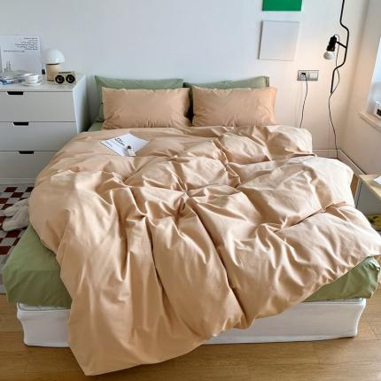 91家纺网 家纺一手货源 找家纺 希文 2021新款全棉磨毛AB纯色混搭四件套 浅咖果绿