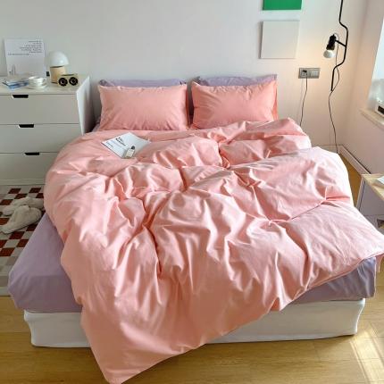 91家纺网 家纺一手货源 找家纺 希文 2021新款全棉磨毛AB纯色混搭四件套 珊瑚粉紫