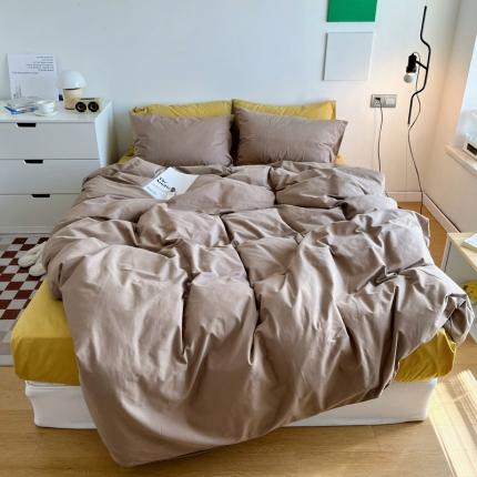 91家纺网 家纺一手货源 找家纺 希文 2021新款全棉磨毛AB纯色混搭四件套 太妃咖黄