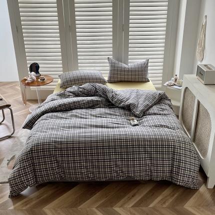 91家纺网 家纺一手货源 找家纺 柠萌家居 2025新款全棉色织水洗棉床品单被套 灰黄小格