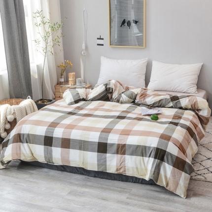 91家纺网 家纺一手货源 找家纺 柠萌家居 2025新款全棉色织水洗棉床品单被套 咖灰中格