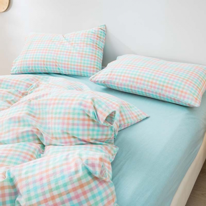 91家纺网 家纺一手货源 找家纺 柠萌家居 2025新款全棉色织水洗棉床品单被套 冰激凌格