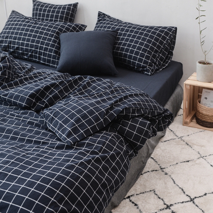 91家纺网 家纺一手货源 找家纺 柠萌家居 2025新款全棉色织水洗棉床品单被套 藏青方格