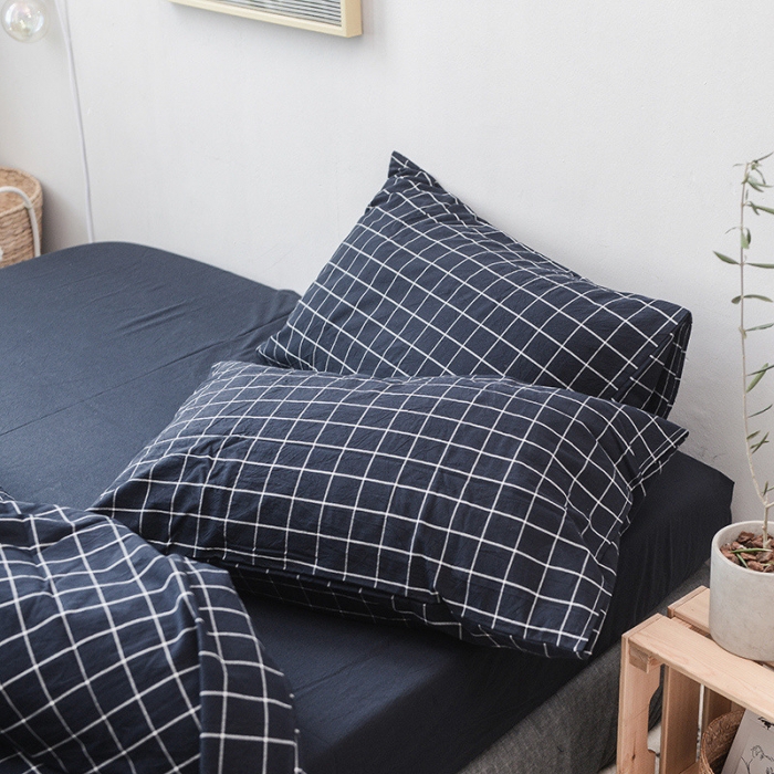 91家纺网 家纺一手货源 找家纺 柠萌家居 2025新款全棉色织水洗棉床品单被套 藏青方格