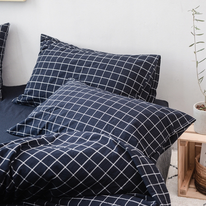 91家纺网 家纺一手货源 找家纺 柠萌家居 2025新款全棉色织水洗棉床品单被套 藏青方格