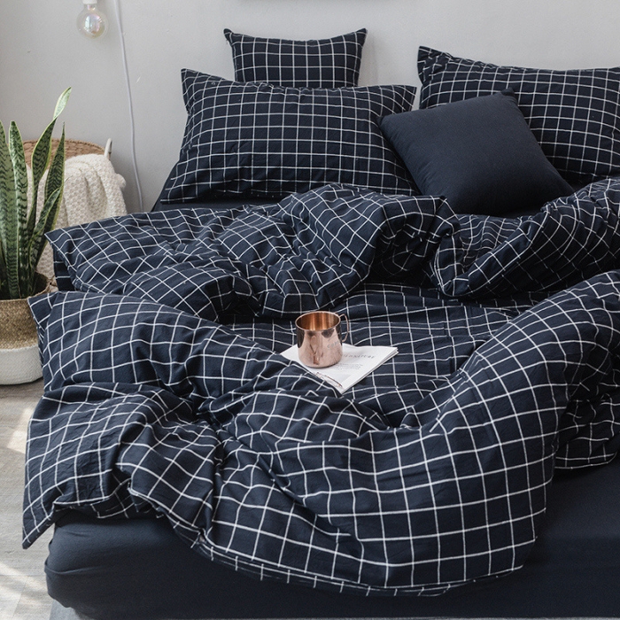 91家纺网 家纺一手货源 找家纺 柠萌家居 2025新款全棉色织水洗棉床品单被套 藏青方格