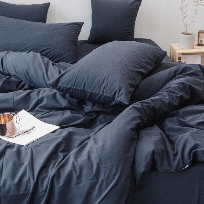 91家纺网 家纺一手货源 找家纺 柠萌家居 2025新款全棉色织水洗棉床品单被套 藏青色