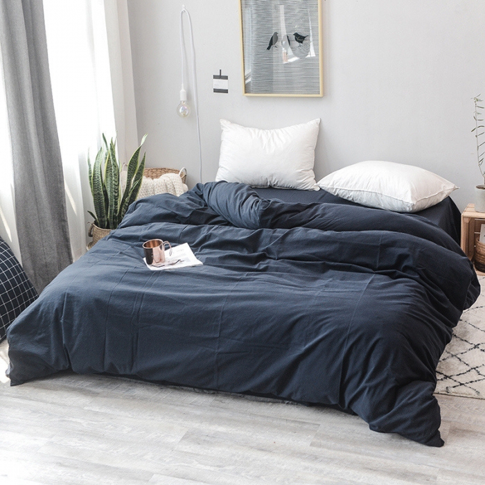 91家纺网 家纺一手货源 找家纺 柠萌家居 2025新款全棉色织水洗棉床品单被套 藏青色