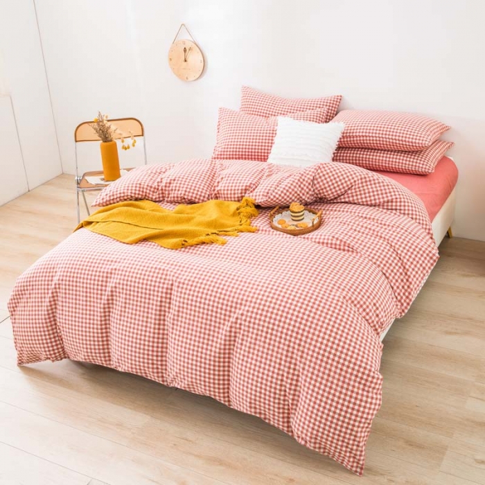 91家纺网 家纺一手货源 找家纺 柠萌家居 2025新款全棉色织水洗棉床品单被套 橙红小格